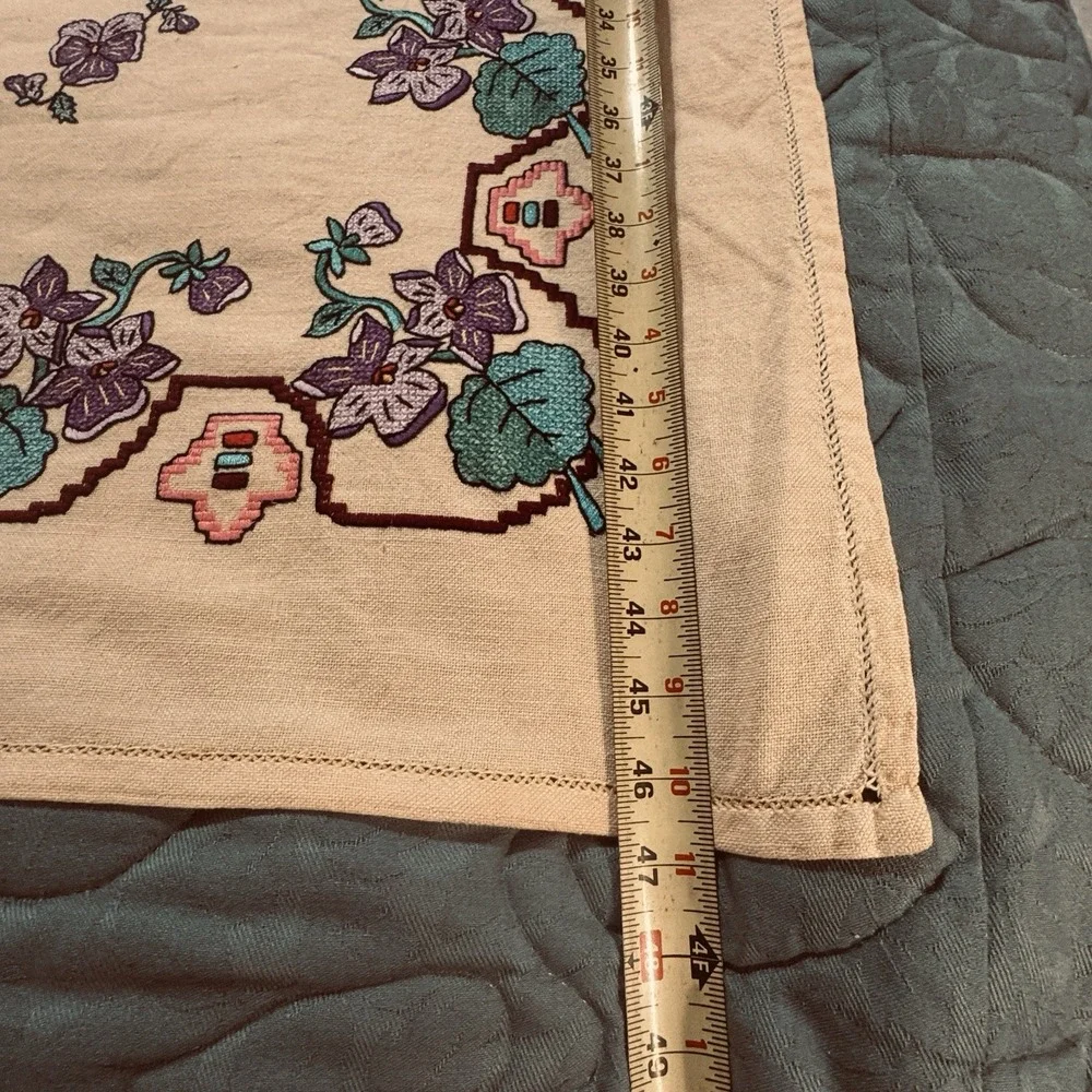 Vtg Cross Stitch Tablecloth Flowers Purple Forget Me Not Yellow Embroidered Hand